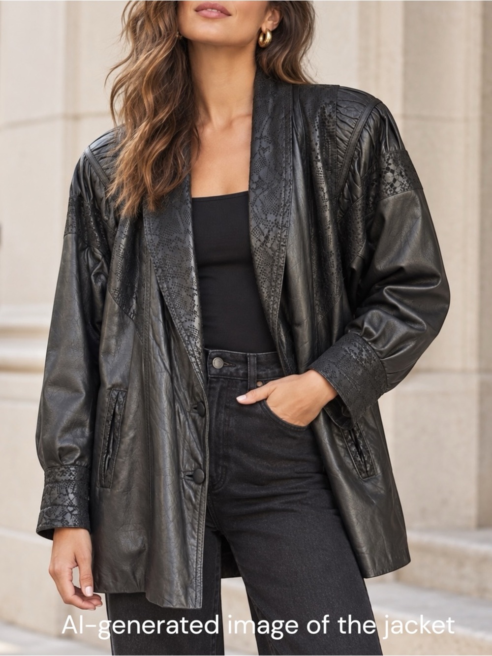 Vintage 80s Leather Jacket Womens L Black Snakeskin Embossed Oversized Blazer